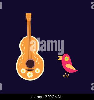 guitare mexicaine et oiseau avec motif ethnique folklorique Illustration de Vecteur