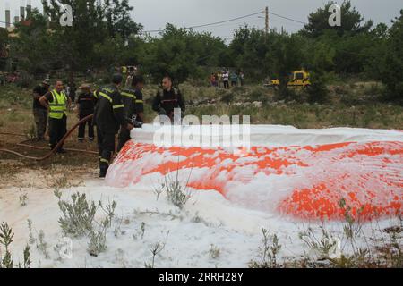 220609 -- DANNIYEH, le 9 juin 2022 -- des membres de la Défense civile libanaise travaillent à l'extinction d'un incendie dans la forêt de pins de Danniyeh, au Liban, le 8 juin 2022. Photo de /Xinhua LEBANON-DANNIYEH-FEU DE FORÊT KhaledxHabashiti PUBLICATIONxNOTxINxCHN Banque D'Images