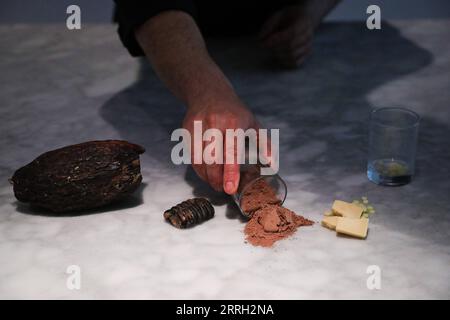 220609 -- BRUXELLES, le 9 juin 2022 -- un membre du personnel montre la fabrication du chocolat au Belgian Chocolate Village à Bruxelles, Belgique, le 9 juin 2022. Le Belgian Chocolate Village est un musée qui met en valeur les connaissances, l'histoire et la culture liées au chocolat. BELGIQUE-BRUXELLES-MUSÉE DU CHOCOLAT ZhengxHuansong PUBLICATIONxNOTxINxCHN Banque D'Images