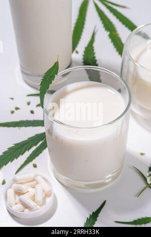 Lait de cannabis. Lait végétalien sans lactose non laitier à partir de graines de chanvre, sur fond blanc de feuilles de cannabis, utilisation industrielle de marijuana. Utilisation légale de HE Banque D'Images