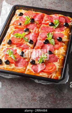 Pizza al Taglio avec fromage, saucisse, olives et tomates gros plan sur le plateau sur la table. Vertical Banque D'Images