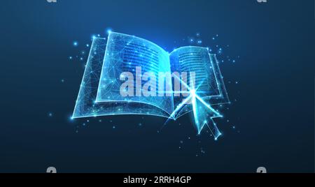 Pointeur en forme de flèche en cliquant sur livre numérique. Formation en ligne, bibliothèque numérique, technologie e-éducation, étude à distance, cours de guide, application ebooks Illustration de Vecteur