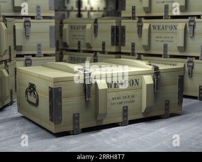 Caisses militaires en bois avec arme et munitions de l'armée dans l'entrepôt. illustration 3d. Banque D'Images