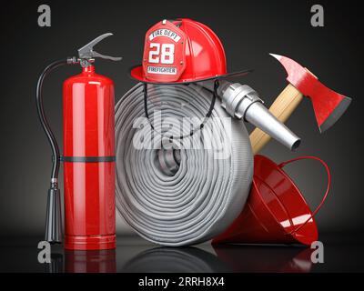 Équipement et outils de pompier. Tuyau d'incendie, chapeau de feu, extincteur et hache, symboles de la profession de pompier. illustration 3d. Banque D'Images