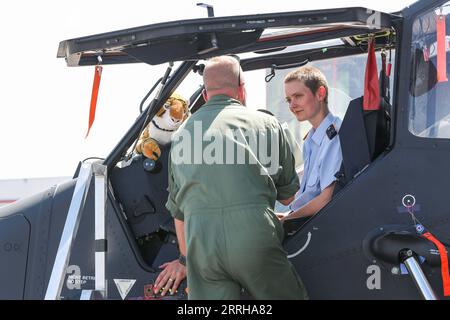 220622 -- SCHOENEFELD ALLEMAGNE, le 22 juin 2022 -- un membre du personnel présente un tigre Eurocopter exposé au salon aéronautique ILA Berlin à Schoenefeld, en Allemagne, le 22 juin 2022. Avec la participation d'environ 550 exposants d'environ 30 pays et régions, le salon aéronautique ILA Berlin a débuté mercredi. ALLEMAGNE-SCHOENEFELD-ILA 2022-AIR SHOW ShanxYuqi PUBLICATIONxNOTxINxCHN Banque D'Images