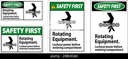 Première mise en garde, équipement rotatif, verrouillage de l'alimentation avant d'entrer dans le compartiment Illustration de Vecteur