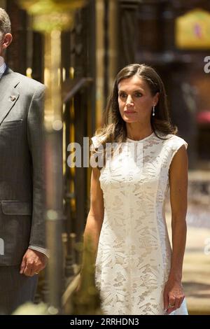 Pamplona, Navarra, Espagne. 8 septembre 2023. La Reine Letizia d'Espagne assiste à l'acte de célébration du 6e Centenaire du privilège de l'Union à la cathédrale Sainte-Marie le 8 septembre 2023 à Pampelune, Espagne .le privilège de l'Union est le traité par lequel les trois principaux burghs qui composaient la ville de Pampelune au Moyen âge ont été unis au moyen d'un document signé le 8 septembre 1423 par le roi Carlos III de Navarre "le Noble". Jusqu'à ce jour, chaque burgh avait eu son propre drapeau et règle.Pampelune. Espagne. 20230908, . 20230908, (image de crédit : © Jack Abuin/ZUMA Press Wire) USAGE ÉDITORIAL Banque D'Images