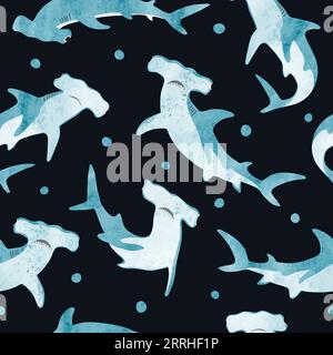 Motif requin marteau aquarelle sans couture. Illustration de Vecteur