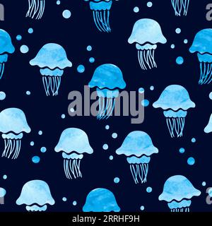 Motif de méduse aquarelle sans couture. Fond bleu de mer de vecteur. Illustration de Vecteur