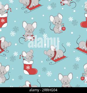 Modèle de Noël sans couture avec souris de dessin animé mignon. Conception de papier d'emballage avec des rats. Illustration de Vecteur