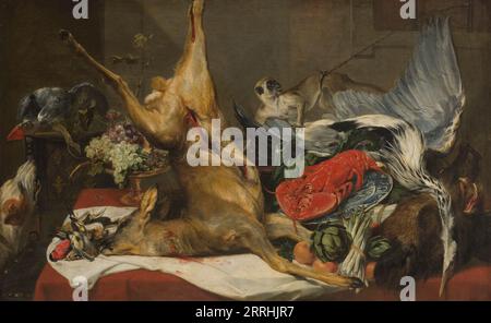 Nature morte avec Dead Game, un singe et un chien. Banque D'Images