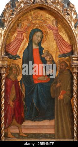 Madonna and Child avec Saint Jean Baptiste et Saint François, début du milieu du 15e siècle. Banque D'Images