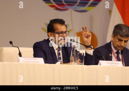 Inde. 08 septembre 2023. Le point de presse pré-sommet : Amitabh Kant, G20 ., de l'Inde s'adressant au point de presse pré-sommet en vue de la phase finale du sommet G20 2023 qui se tiendra à New Delhi. Le groupe G20 comprend l'Argentine, l'Australie, le Brésil, le Canada, la Chine, France, Allemagne, Inde, Indonésie, Italie, Japon, République de Corée, Mexique, Russie, Arabie saoudite, Afrique du Sud, la Turquie, le Royaume-Uni, les États-Unis et les dirigeants de l'Union européenne des pays du G20 et des pays invités sont attendus. Crédit : Seshadri SUKUMAR/Alamy Live News Banque D'Images