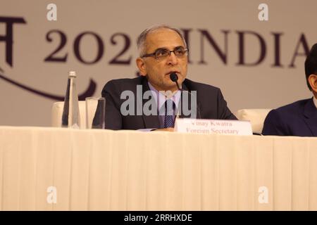 Inde. 08 septembre 2023. Le point de presse pré-sommet : Inay Kwatra, ministre des Affaires étrangères de l'Inde, s'adressant au point de presse pré-sommet en vue de la phase finale du sommet du G20 2023 qui se tiendra à New Delhi. Le groupe G20 comprend l'Argentine, l'Australie, le Brésil, le Canada, la Chine, France, Allemagne, Inde, Indonésie, Italie, Japon, République de Corée, Mexique, Russie, Arabie saoudite, Afrique du Sud, la Turquie, le Royaume-Uni, les États-Unis et les dirigeants de l'Union européenne des pays du G20 et des pays invités sont attendus. Crédit : Seshadri SUKUMAR/Alamy Live News Banque D'Images