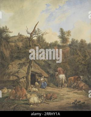 Berger, bergère et bétail reposant devant une étable délabrée, 1820-1872. Banque D'Images