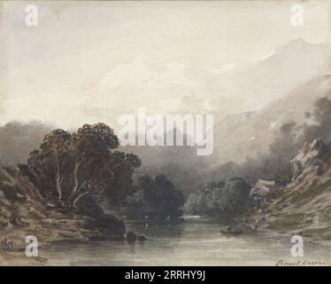 Lac de montagne à l'ombre des arbres sombres, derrière lui collines claires et sommets enneigés, 1800-1900. Banque D'Images