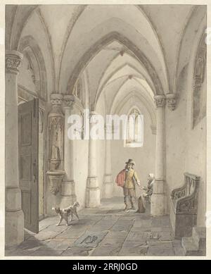 Intérieur de l'église avec l'homme donnant l'aumône à un mendiant, 1817-1879. Banque D'Images