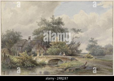 Paysage avec un pont de pierre près d'une maison, 1813-1862. Banque D'Images