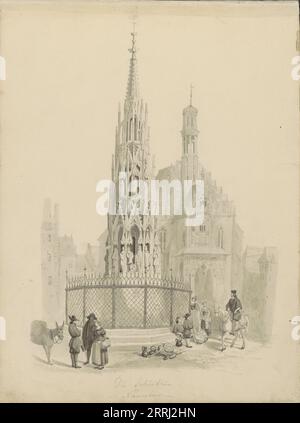 SCH&#xf6;ner Brunnen à Nuremberg, vers 1850. En arrière-plan, l'onze-Lieve-Vrouwekerk (Église notre-Dame). Banque D'Images
