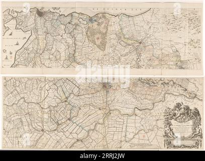 Carte de la province d'Utrecht, composée de deux parties, 1743. En bas à droite le cartouche de titre, armoiries de l'archidiocèse d'Utrecht. Au-dessus, une figure féminine avec quatre tours sur la tête, dans une main la corne de l'abondance et dans l'autre main une gerbe de maïs. Autour du cartouche, un dieu de la rivière avec une contrepartie femelle et des putti avec des attributs qui se réfèrent à la chasse, l'agriculture, l'extraction de tourbe et la pêche. Sous le cartouche une publicité pour l'imprimeur. Divers ajouts manuscrits ont été faits. Banque D'Images