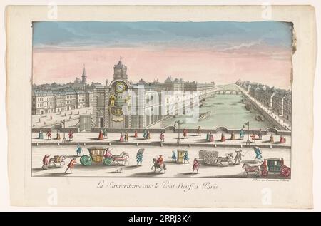 Vue de la pompe à eau Samaritaine sur le ferry neuf sur la Seine à Paris, 1745-1775. Banque D'Images