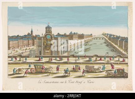 Vue de la pompe à eau Samaritaine sur le Pont neuf sur la Seine à Paris, 1745-1775. Banque D'Images