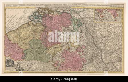 Carte des pays-Bas méridionaux (autrichiens), 1719. «Novissima et accuracatissima decem Austriacarum in Belgio provinciarum tabula, ut sunt ducatus Brabantiae, Luxemburgensis, Limburgensis, et Geldriae, comitatus Flandriae». Encart en haut à droite : partie du Duché de Luxembourg ; échelle en miles allemand, espagnol et anglais-français. En bas à gauche : dédicace à l'empereur Charles VI avec ses armoiries et un putto combattant une harpie. Banque D'Images