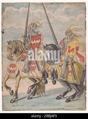 Chevaliers aux armoiries de Brandes et Hirschman, 1770-1808. Deux chevaliers en armure complète à cheval. Le chevalier gauche représente l'ancêtre de Brandes de Bohemen. Sur son bouclier, son étui et son tapis de selle de son cheval se trouve l'écusson familial avec sept abeilles. La crête du chevalier Hirschman est un cerf. Banque D'Images