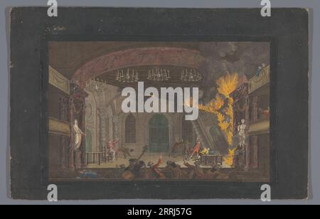 Vue de l'incendie sur la scène du Schouwburg à Amsterdam le 11 mai 1772, (1772-1799). Rideau flamboyant sur le côté droit de la scène. Les acteurs, les musiciens et le public sont en panique. (18 personnes ont été tuées, et 22 maisons voisines ont été détruites). Banque D'Images