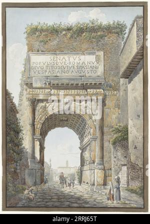 Arc de Titus, Forum Romanum, Rome, 1786-1817. Vue avant la restauration des allées latérales. Sous la porte se trouve un mendiant. Un homme à cheval et une femme avec deux enfants franchissent la porte. Deux cires marchent vers la porte de l'autre côté. Banque D'Images