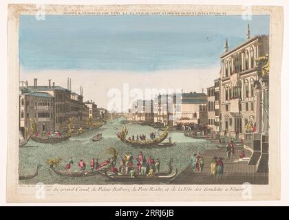 Vue sur le Grand Canal avec gondoles, le Palazzo Balbi et le Ponte Rialto à Venise, 1700-1799. Banque D'Images