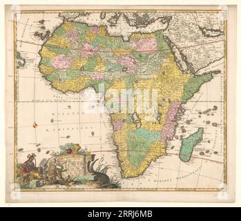 Carte de l'Afrique, c.1690. Novissima et perfectissima Africae descriptio. Boussole rose en bas à gauche le cartouche avec titre et figures allégoriques, la personnification féminine de l'Afrique et les animaux et la végétation africains. Banque D'Images