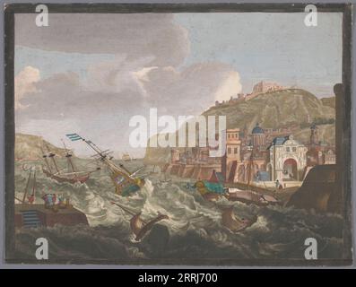 Vue sur un port sud avec des navires et des bateaux sur l'eau sauvage, 1700-1799. Banque D'Images