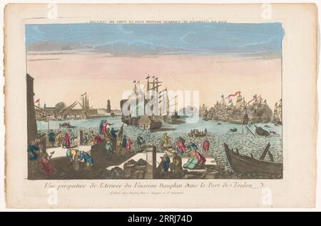 Vue de l'arrivée du navire Dauphin dans le port de Toulon, 1700-1799. Au premier plan, il y a des groupes de personnages avec des marchandises sur le front de mer et des bateaux à rames. Une bataille maritime fait rage entre les navires en arrière-plan. Banque D'Images