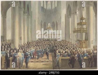 Célébration en l'honneur des vétérans de 1813-1815, Pieterskerk à Leiden, 26-27 juin 1865, (1865). Hommage aux vétérans des forces armées néerlandaises qui ont contribué à restaurer l'indépendance néerlandaise, et 50e anniversaire de la création de l'ordre militaire de Guillaume. Le roi Willem III adresse le chapitre de l'ordre, debout en face du roi sont les princes Frederik, Hendrik et le prince héritier Willem. Banque D'Images