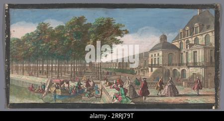 Vue de la Cour de la Fontaine du Palais de Fontainebleau, 1700-1799. À gauche, un bateau à rames couvert avec un certain nombre de personnages sur l'eau. Banque D'Images