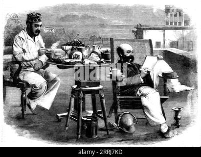 "Chota Haziree", ou petit déjeuner, en Inde, d'après une photographie de A. Williamson, 1858. Les administrateurs coloniaux britanniques prennent un petit déjeuner matinal. "Le "chota haziree" est un repas qui n'est pas habituel avec les personnes dans ce pays, bien que quelque chose de semblable à lui prévaut en France, et, nous croyons, en Espagne... à une heure à peu près où les maraîchers qui approvisionnent Londres se dirigent vers le marché de Covent-Garden, messieurs et dames en Inde montent leurs chevaux ou montent dans leurs voitures pour la promenade matinale. À leur retour, le l Banque D'Images