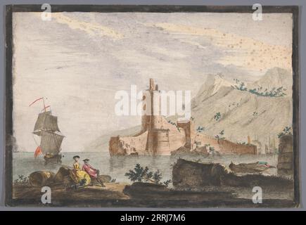 Vue sur un port avec une tour en Provence, 1700-1799. Banque D'Images