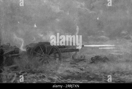 'Sous le choc ; l'artillerie de campagne britannique courant la retraite, le 21 mars 1918, tire en rafales dans les masses d'assaut', 1918. Extrait de "l'Album de la Guerre 1914-1919, Volume 2" [l'Illustration, Paris, 1924]. Banque D'Images