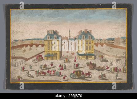 Vue de la place Dauphine avec le Pont au change et le Pont Saint-Michel sur la Seine à Paris, 1700-1799. Banque D'Images