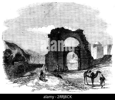 Une excursion de Tunis à Zowan - porte d'entrée romaine et sarrasine à Zowan, cinquante miles au sud de Carthage, 1858. Gravure d'après un croquis de M. Arthur Hall, faite pendant '...une excursion de Tunis à la source du ruisseau qui alimentait Carthage en eau...vers une heure nous sommes arrivés à la périphérie de la ville de Zowan, qui est situé au pied de la montagne à partir de laquelle les Carthaginois se procuraient leur eau. Quel contraste se présentait maintenant au désert sablonneux sur lequel nous avions travaillé ! Des ruisseaux magnifiques, clairs et jaillissants se déversaient dans toutes les directions, et, passant un l Banque D'Images