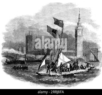 Le capitaine Urquhart expérimente son radeau de préservation de la vie sur la Tamise, [à Londres] 1858. Un engin, attirant l'attention par son aspect singulier, a été récemment expérimenté par l'inventeur, le capitaine W. Urquhart, de New York, sur la Tamise. Ce nouvel appareil de sauvetage est composé de [dix-neuf] matelas reliés de manière à former un radeau. Ces matelas sont destinés en même temps que des lits pour l'équipage et les passagers. Chacun d'eux est composé d'une enveloppe imperméable de gutta-percha, contenant une autre, de toile commune, remplie de copeaux de liège...Une place de valve Banque D'Images