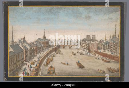 Vue du Pont Saint-Michel construit sur la Seine à Paris, 1700-1799. Bateaux transportant des marchandises. Banque D'Images