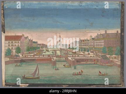 Vue des Oudeschans à Amsterdam vue de l'IJ, 1700-1799. En arrière-plan, la tour Montelbaan, le Zuiderkerk et le Munttoren. Banque D'Images