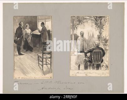 Hommes et femme avec un bureau et homme sur une terrasse, dans ou avant 1883-c.1904. Deux dessins pour les illustrations de livres. A gauche un homme avec un chapeau melon dans un intérieur avec un autre homme et une autre femme. A droite, un homme plus âgé est assis sur une terrasse à une table, avec un homme plus jeune en face de lui. Banque D'Images