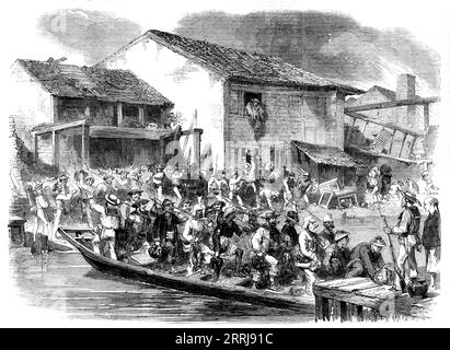 Croquis à Canton - Retour des vengeurs, 1858. Les forces britanniques en Chine '...ont détruit, pillé et brûlé, et sont chargées de toutes sortes de biens, et tous sont ravis de leur plaisir matinal, car tout dans la ligne de combat ou de destruction est appelé avec humour... dimanche matin... un groupe de vestes bleues est descendu du quartier général, l'air remarquablement facétieux; ils ont été rejoints par les Bamboo Rifles (coolies de train militaire), un détachement de sepoys, quelques marines, et, bien sûr, Messieurs les Fran&#xe7;ais. Ce corps intéressant et cosmopolite a ensuite attaché un bateau à travers Banque D'Images