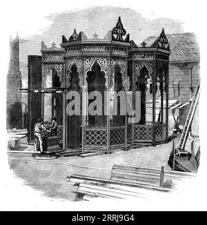 Railway Bridge for India : The Pier Frames, 1858. '...les ponts Keeal et Huttohur, qui viennent d'être construits pour la East Indian Railway Company par MM. Cochrane et Co... sont composés de 1170 tonnes de fer forgé et 150 tonnes de fonte, et se composent de neuf travées ou ouvertures, chaque travée de 150 pieds... ces ponts sont construits pour une seule ligne de rail; mais les jetées sur lesquelles elles reposeront, et quelles jetées seront surmontées par les élégants cadres de jetée montrés dans notre gravure, sont construites pour une double ligne de rail... la route est portée par des poutres transversales, fixées à la lo Banque D'Images