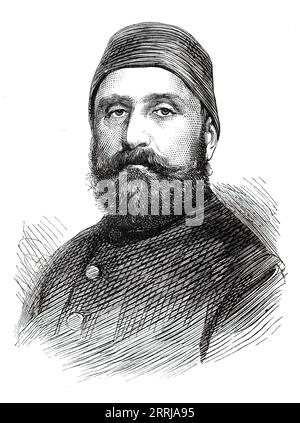 Les assassinats à Constantinople : Mohamed Ruschdi Pacha, Grand Vizir de Turquie, 1876. Gravure d'après une photographie d'Abdullah Freres. "Un autre crime choquant a eu lieu au siège du gouvernement à Constantinople... alors que les ministres d'État formant le nouveau gouvernement du sultan siégeaient ensemble dans la salle du Conseil, un dénommé Hassan, qui avait été officier dans l'armée, a forcé son entrée dans la pièce et tué Hussein Avni Pacha, le ministre de la Guerre, d'un coup de feu tiré d'un revolver. Les autres tentant de s'emparer de lui, il a abattu le ministre des Affaires étrangères, Mohamm Banque D'Images