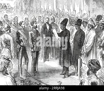 Bombay Parsees avec une adresse de bienvenue au Prince [de Galles], 1876. Le futur roi Édouard VII en visite royale en Inde. 'Les Parsees constituent la partie la plus riche et la plus influente de la population indigène, non seulement à Bombay, mais dans d'autres villes de l'Inde occidentale. Ils occupaient autrefois Surat et les districts adjacents de Guzerat, d'où ils venaient de Perse, ou plutôt de Média et de Bactriane, et les provinces de l'Oxus, au nord de l'Afghanistan, après la conquête musulmane de ces provinces. Ils chérissent encore la foi religieuse des Zend-Avesta, celle des Mages, ou pries Banque D'Images