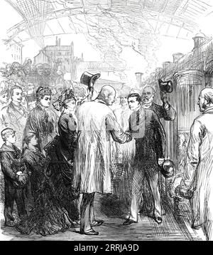 Départ du roi George de Hanovre de la gare Victoria, 1876. 'Le roi George et la princesse Frédérique de Hanovre, après une visite de près de cinq semaines en Angleterre, ont pris leur départ samedi après-midi pour la France...à trois heures et demie le roi et la princesse, après avoir remercié M. et Mme Claridge pour leur attention pendant leur séjour à l'hôtel, conduit dans l'un des wagons de la Reine au terminus Victoria du London, Chatham, and Dover Railway... le major Dickson, député, l'un des administrateurs de la compagnie, était présent pour recevoir sa Majesté. Le train - sous la charge personnelle de M. Mor Banque D'Images